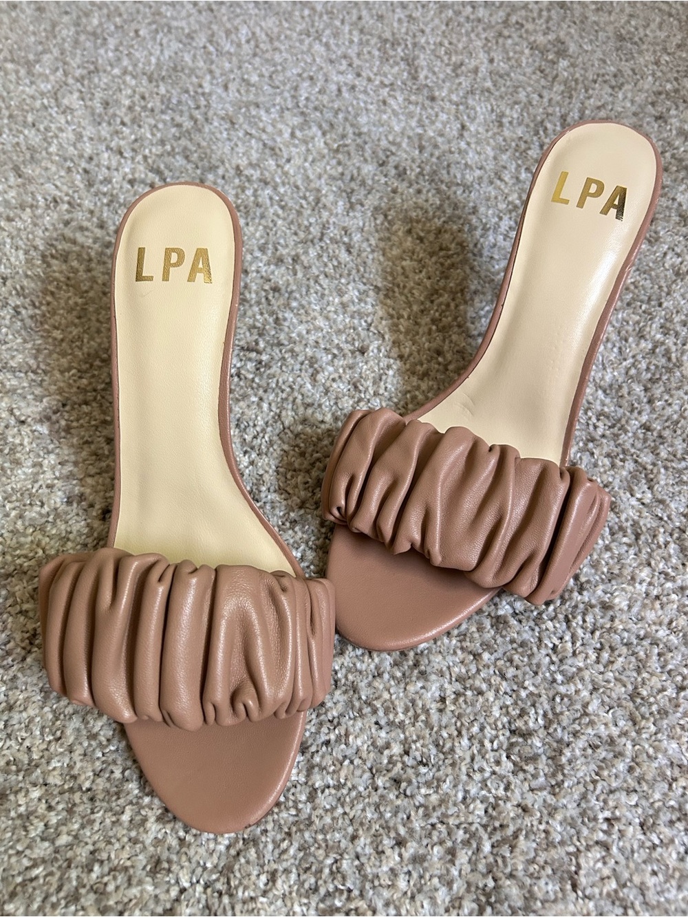 LPA Ruched Mule Heels Size 8 Nude Blush Square Toe Slip-On Sandals